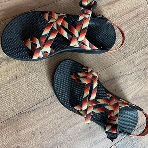 Chaco Double Strap Sandals, orange yellow southwestern, adjustable criss cross